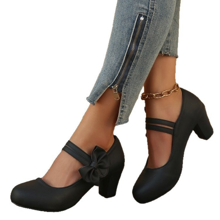 Bow Strap Chunky Heel Mary Jane Pumps