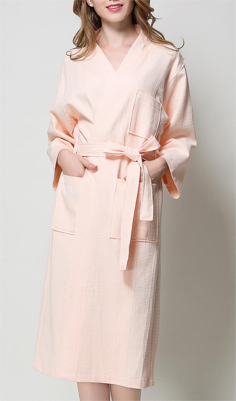 Waffle Knit Cotton Kimono Robe - NudePink