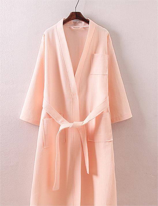 Waffle Knit Cotton Kimono Robe - NudePink - 2