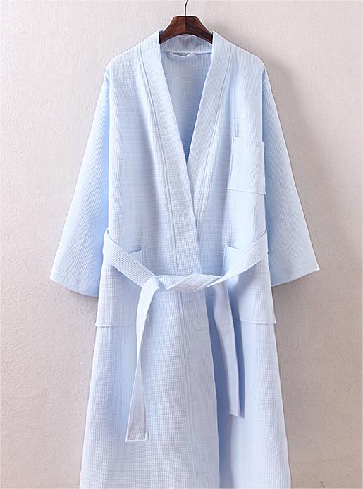 Waffle Knit Cotton Kimono Robe - Sky_Blue - 1