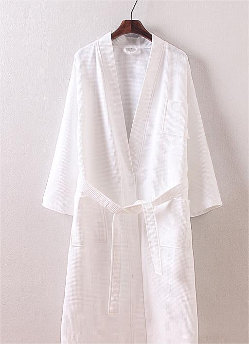 Waffle Knit Cotton Kimono Robe - White - 2