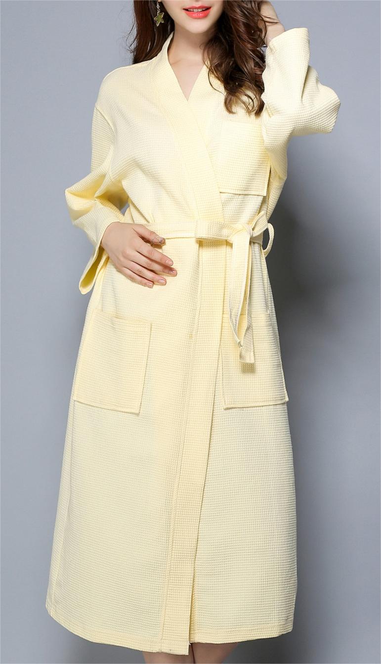 Waffle Knit Cotton Kimono Robe - Yellow - 2
