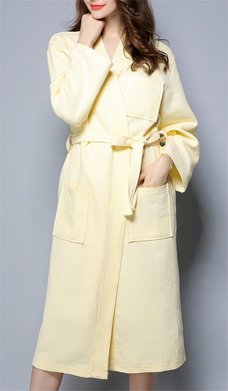 Waffle Knit Cotton Kimono Robe - Yellow - 3