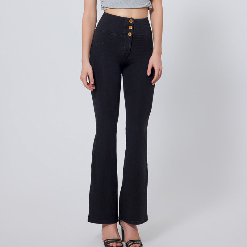 High Waist Button Fly Flare Denim Pants - Black
