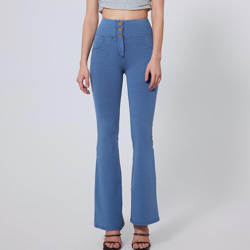 High Waist Button Fly Flare Denim Pants - LightBlue