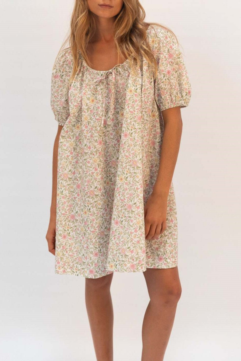 Scoop Neck Puff Sleeve Swing Minidress - Floral