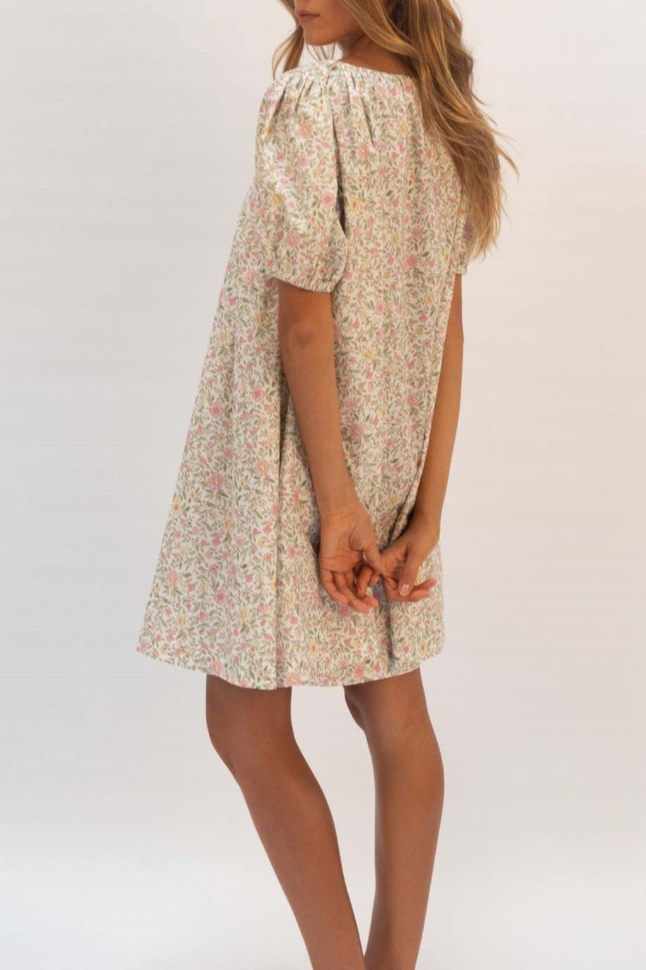 Scoop Neck Puff Sleeve Swing Minidress - Floral - 1