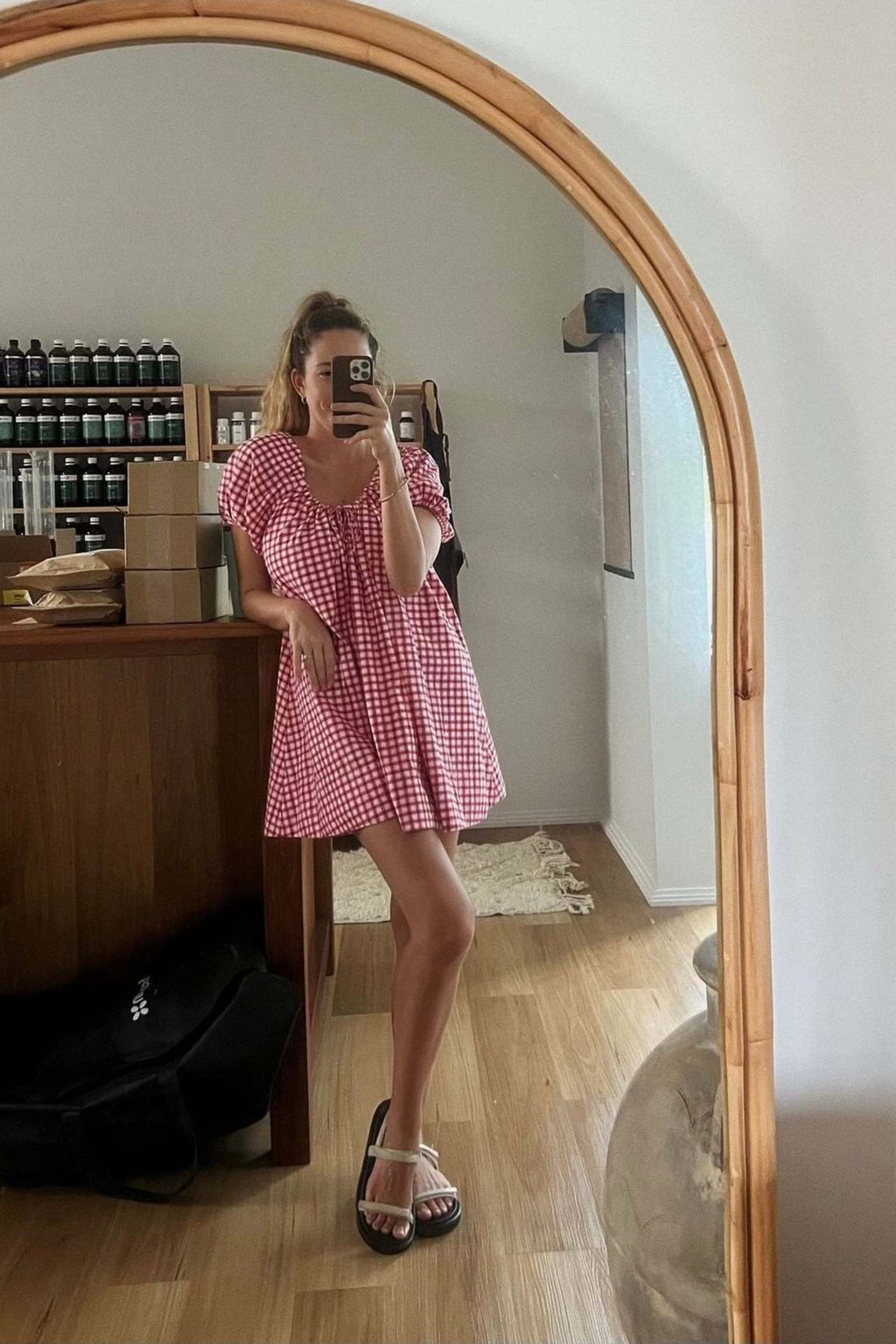 Scoop Neck Puff Sleeve Swing Minidress - red - 1