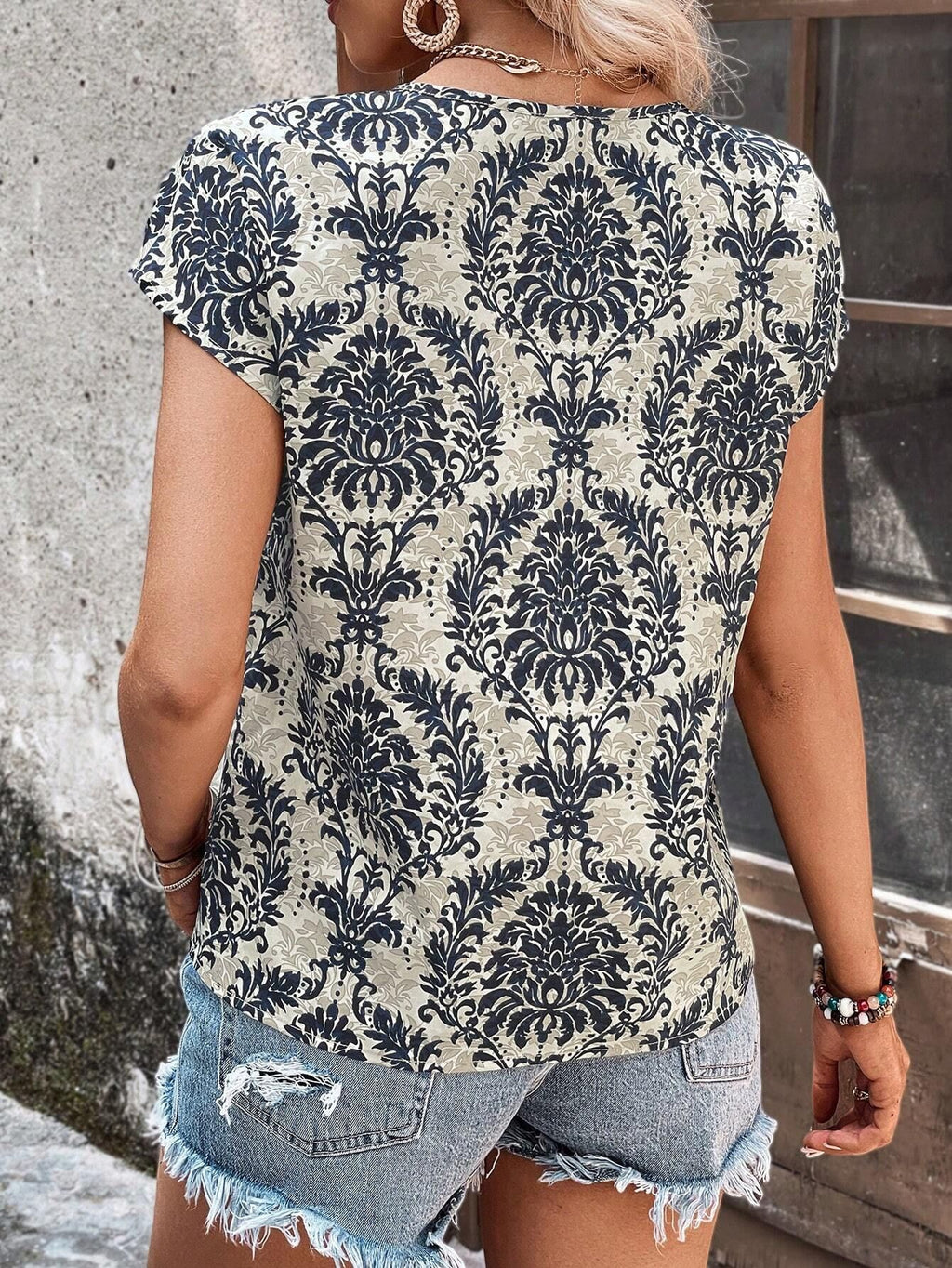 Damask Print Notch Neck Cap Sleeve Blouse - Apricot - 2