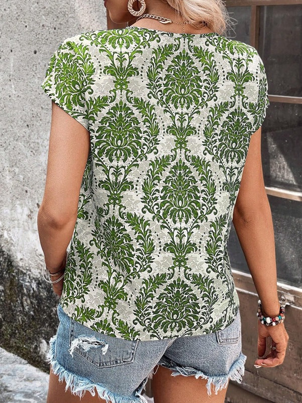 Damask Print Notch Neck Cap Sleeve Blouse - Green - 1
