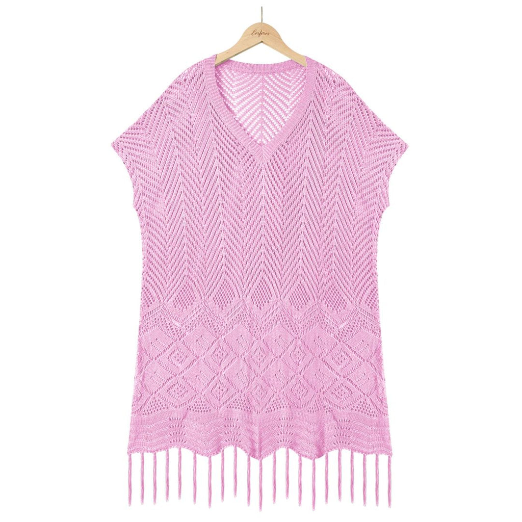 Tassel Hem Pointelle Knit Beach Cover Up - Apricot