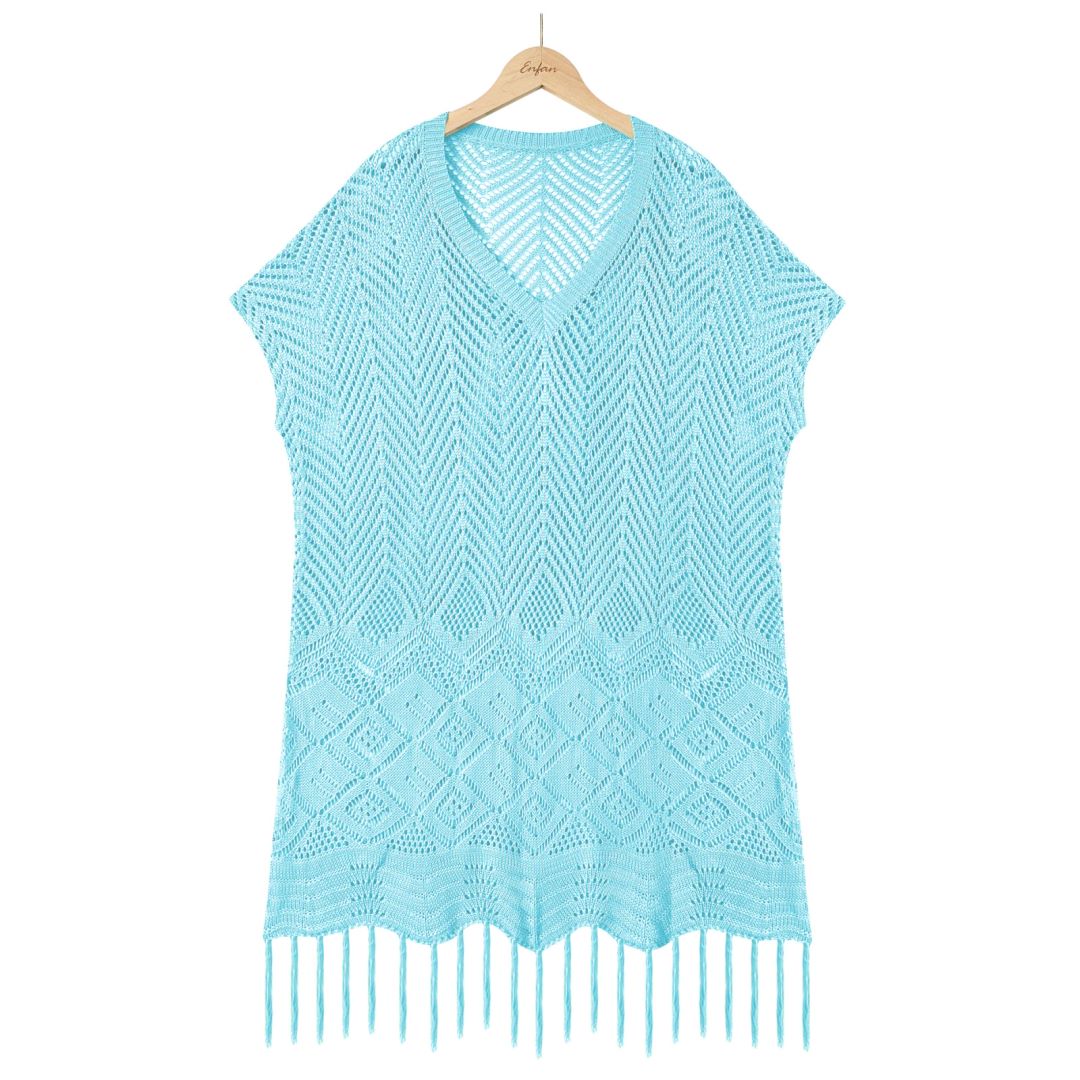 Tassel Hem Pointelle Knit Beach Cover Up - Blue - 1