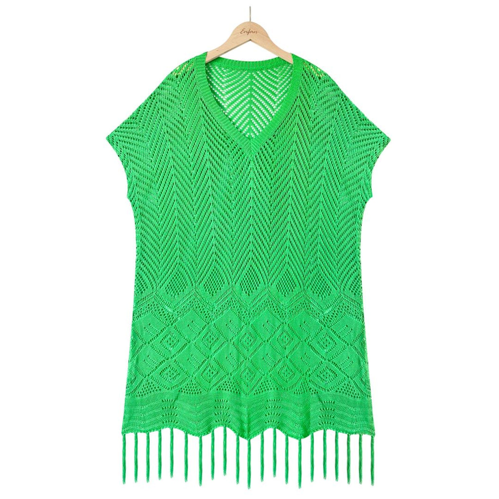 Tassel Hem Pointelle Knit Beach Cover Up - Green
