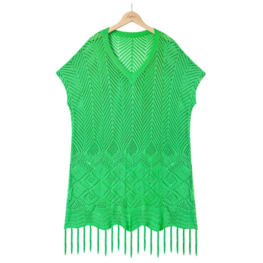 Tassel Hem Pointelle Knit Beach Cover Up - Green