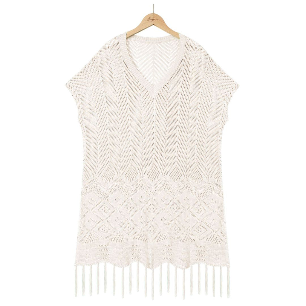 Tassel Hem Pointelle Knit Beach Cover Up - Pink
