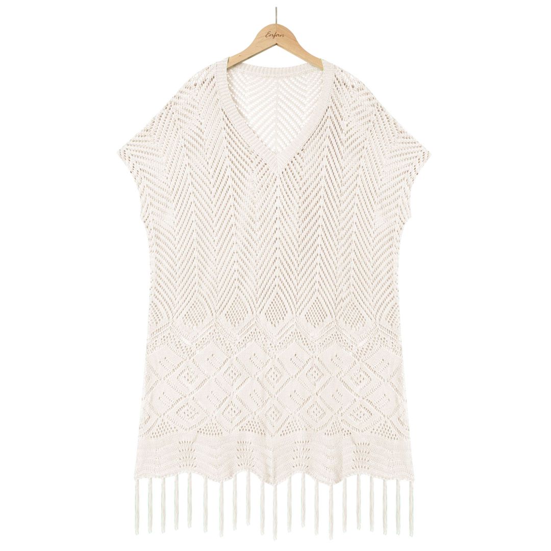Tassel Hem Pointelle Knit Beach Cover Up - Pink