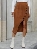 Ribbed Knit Button Slit Midi Skirt - Camel