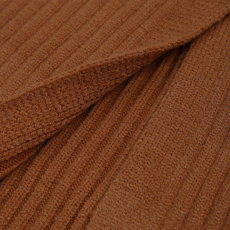 Ribbed Knit Button Slit Midi Skirt - Camel - 4