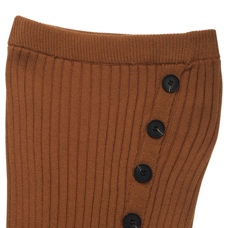 Ribbed Knit Button Slit Midi Skirt - Camel - 6