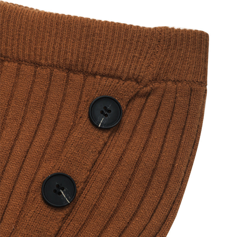 Ribbed Knit Button Slit Midi Skirt - Camel - 7