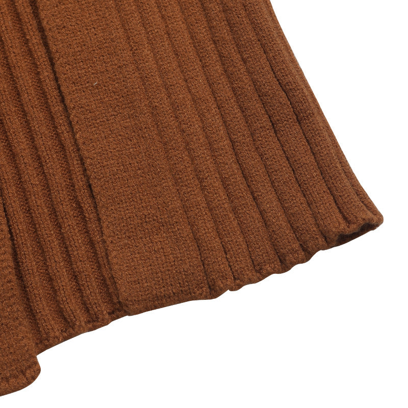 Ribbed Knit Button Slit Midi Skirt - Camel - 8