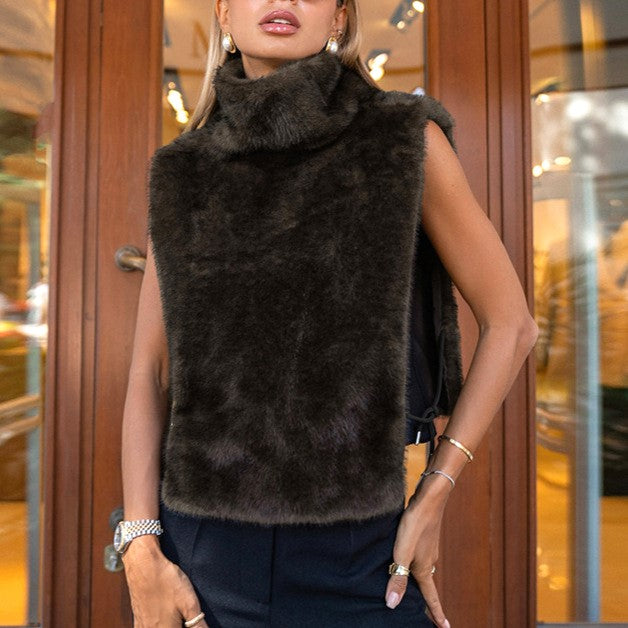 Faux Fur Turtleneck Pullover Vest - Brown