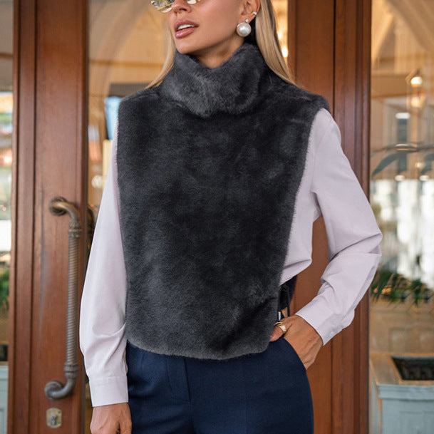 Faux Fur Turtleneck Pullover Vest - Grey