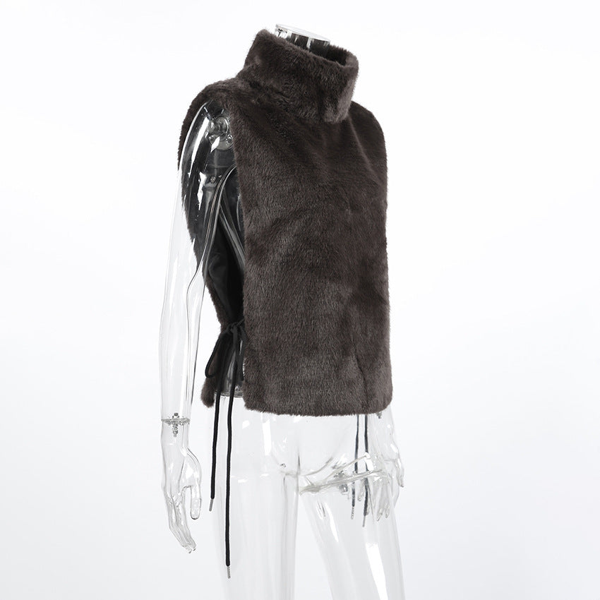 Faux Fur Turtleneck Pullover Vest - Grey - 1