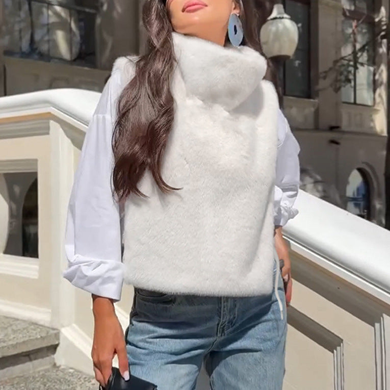 Faux Fur Turtleneck Pullover Vest - White