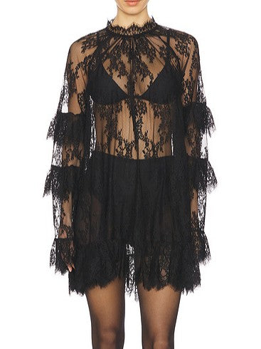 Sheer Lace Tiered Ruffle Mini Dress - Black