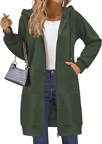 Longline Hooded Zip Up Drawstring Coat - ArmyGreen