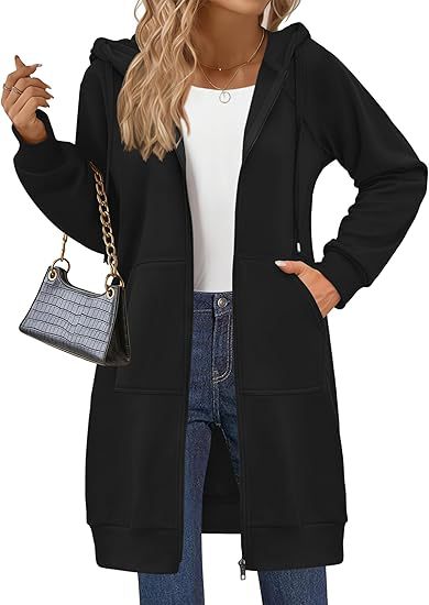 Longline Hooded Zip Up Drawstring Coat - Black