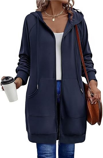 Longline Hooded Zip Up Drawstring Coat - DarkBlue