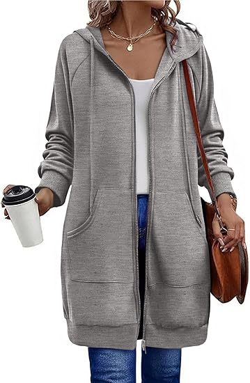 Longline Hooded Zip Up Drawstring Coat - Gray