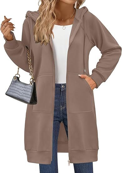 Longline Hooded Zip Up Drawstring Coat - Khaki