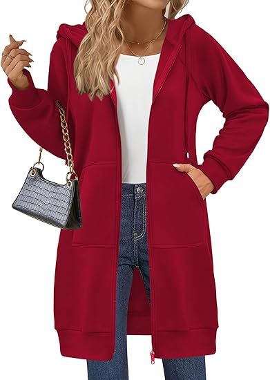 Longline Hooded Zip Up Drawstring Coat - Red