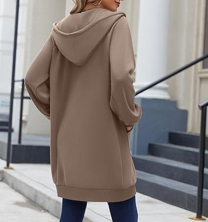 Longline Hooded Zip Up Drawstring Coat - view 1