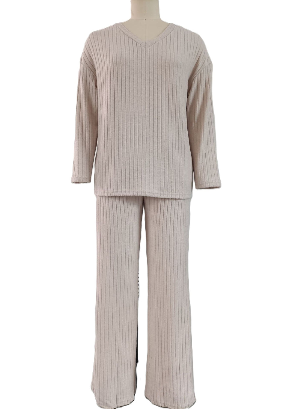 Ribbed Knit V Neck Loungewear Set - Apricot