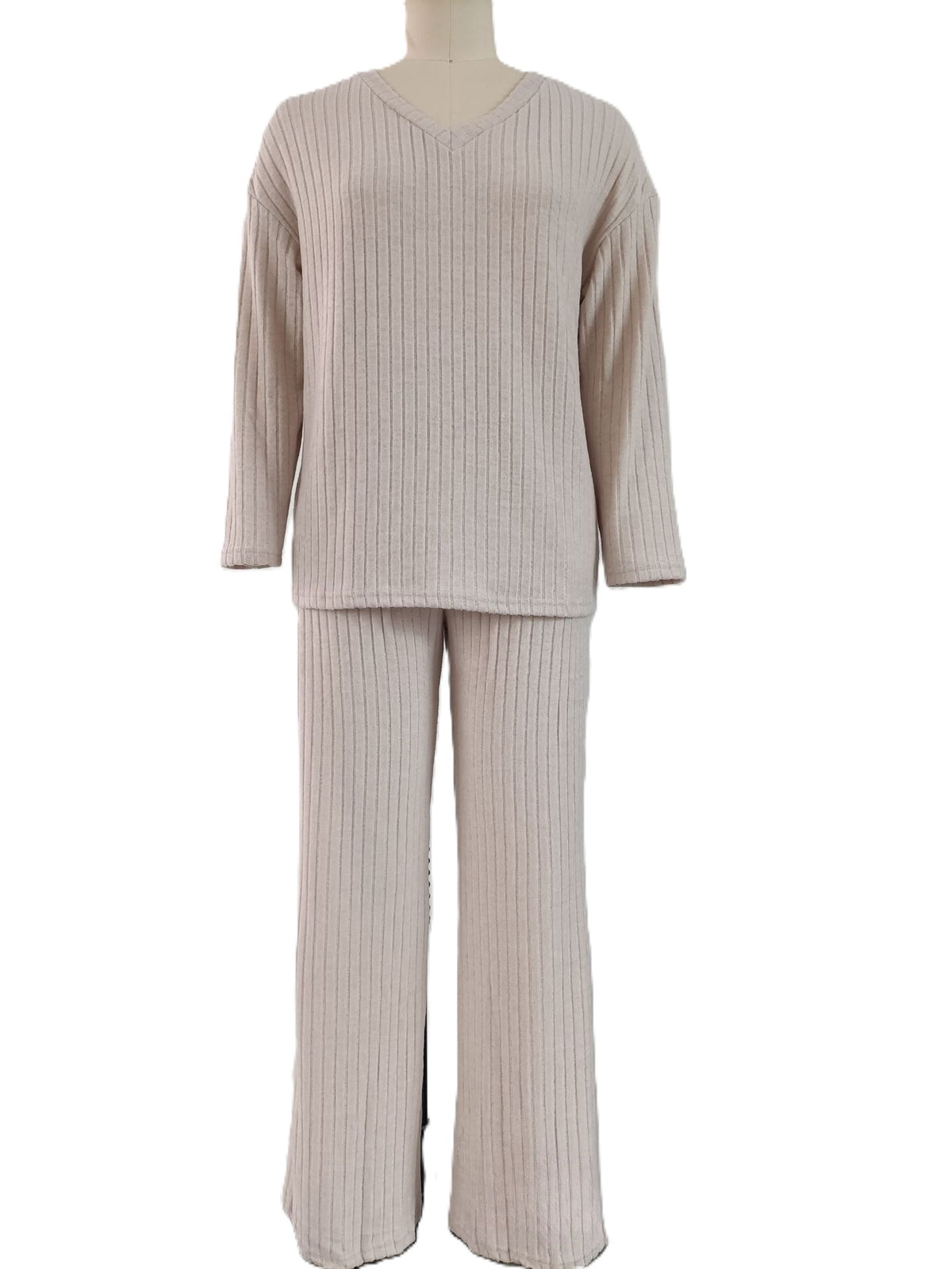 Ribbed Knit V Neck Loungewear Set - Apricot