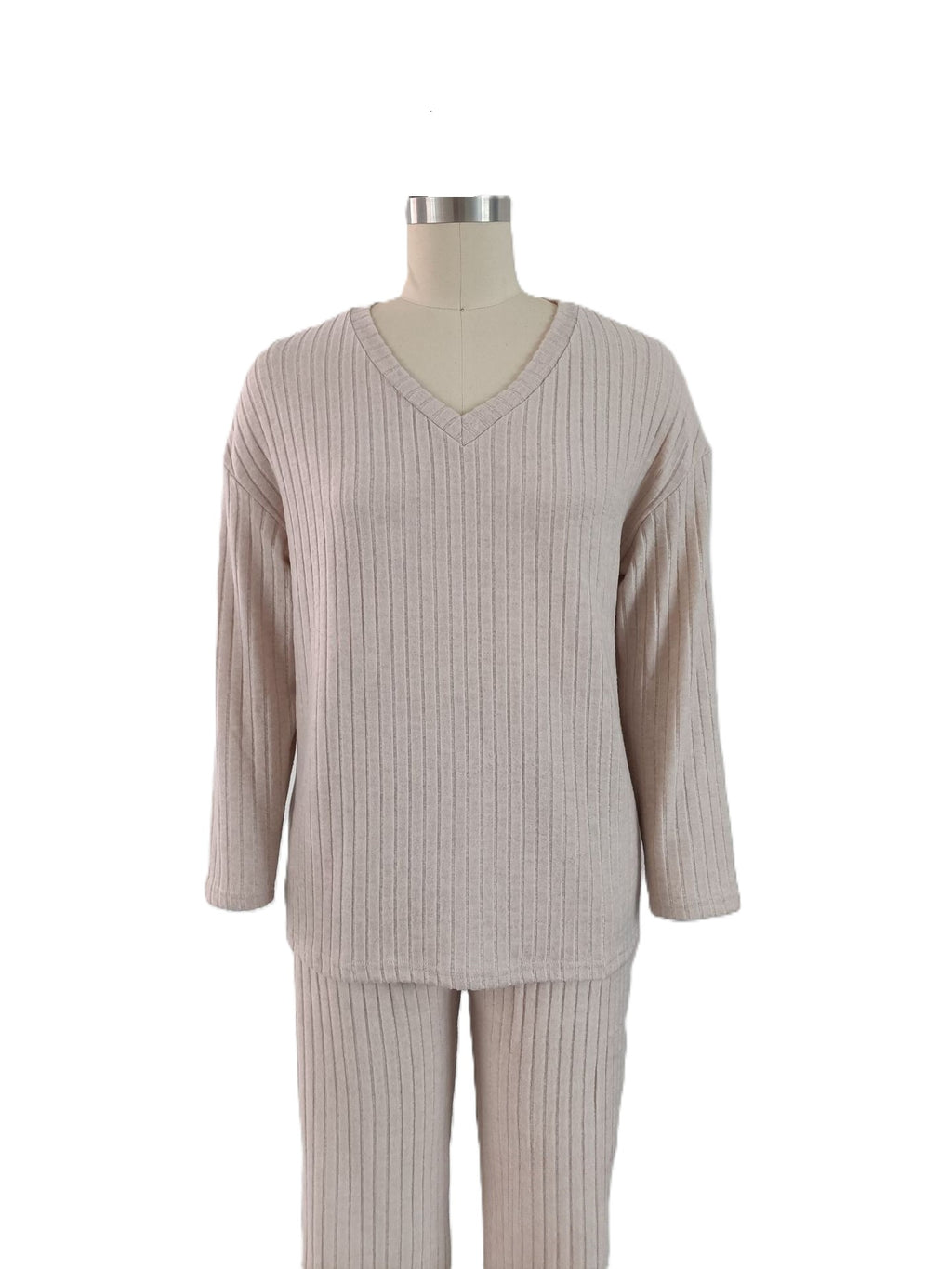 Ribbed Knit V Neck Loungewear Set - Apricot - 1