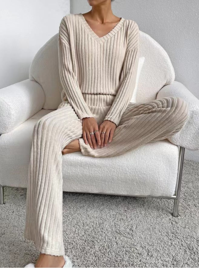 Ribbed Knit V Neck Loungewear Set - Apricot - 2