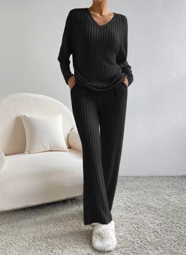 Ribbed Knit V Neck Loungewear Set - Black