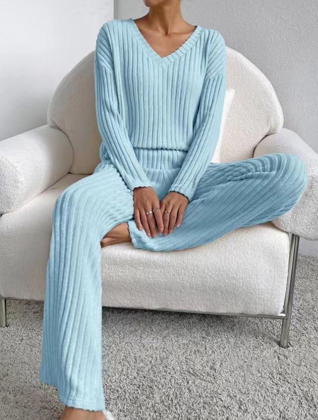 Ribbed Knit V Neck Loungewear Set - Blue - 1