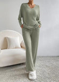 Ribbed Knit V Neck Loungewear Set - Green