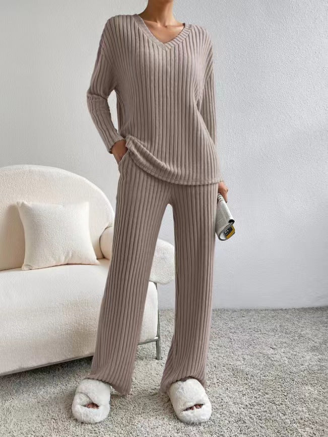 Ribbed Knit V Neck Loungewear Set - Khaki