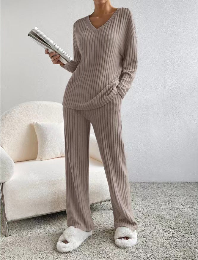Ribbed Knit V Neck Loungewear Set - Khaki - 1