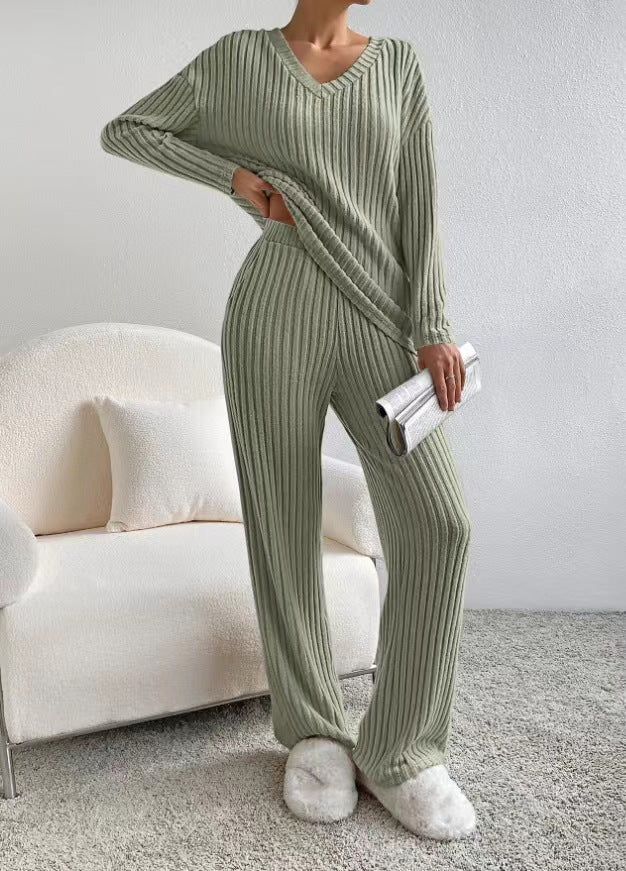 Ribbed Knit V Neck Loungewear Set