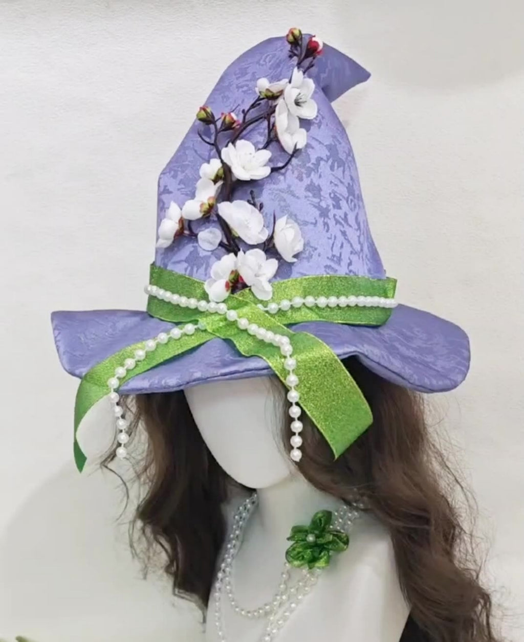 Blossom Ribbon Satin Pointed Witch Hat - Purple