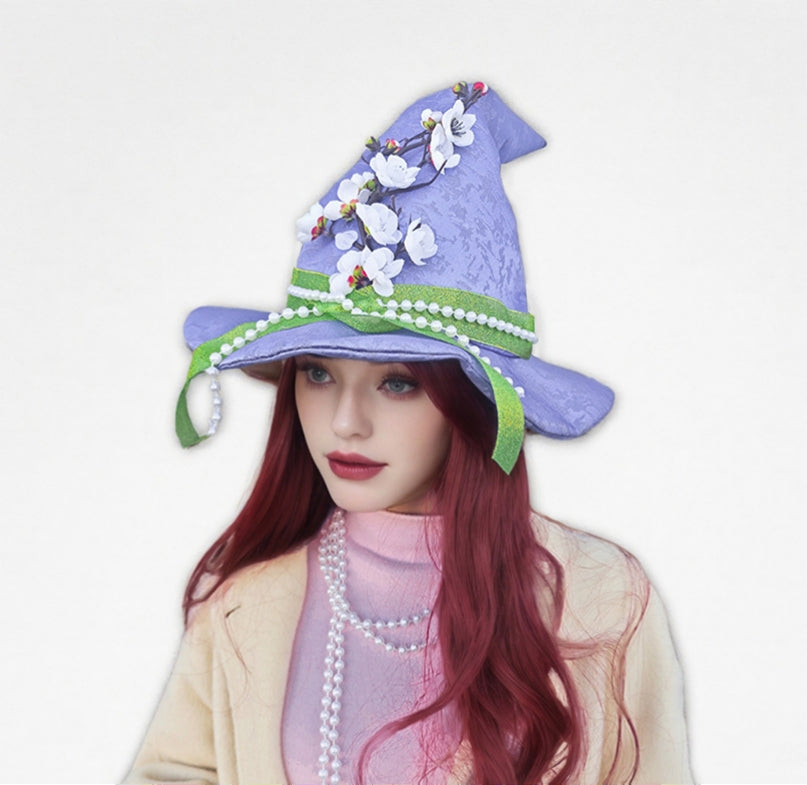 Blossom Ribbon Satin Pointed Witch Hat - Purple - 3