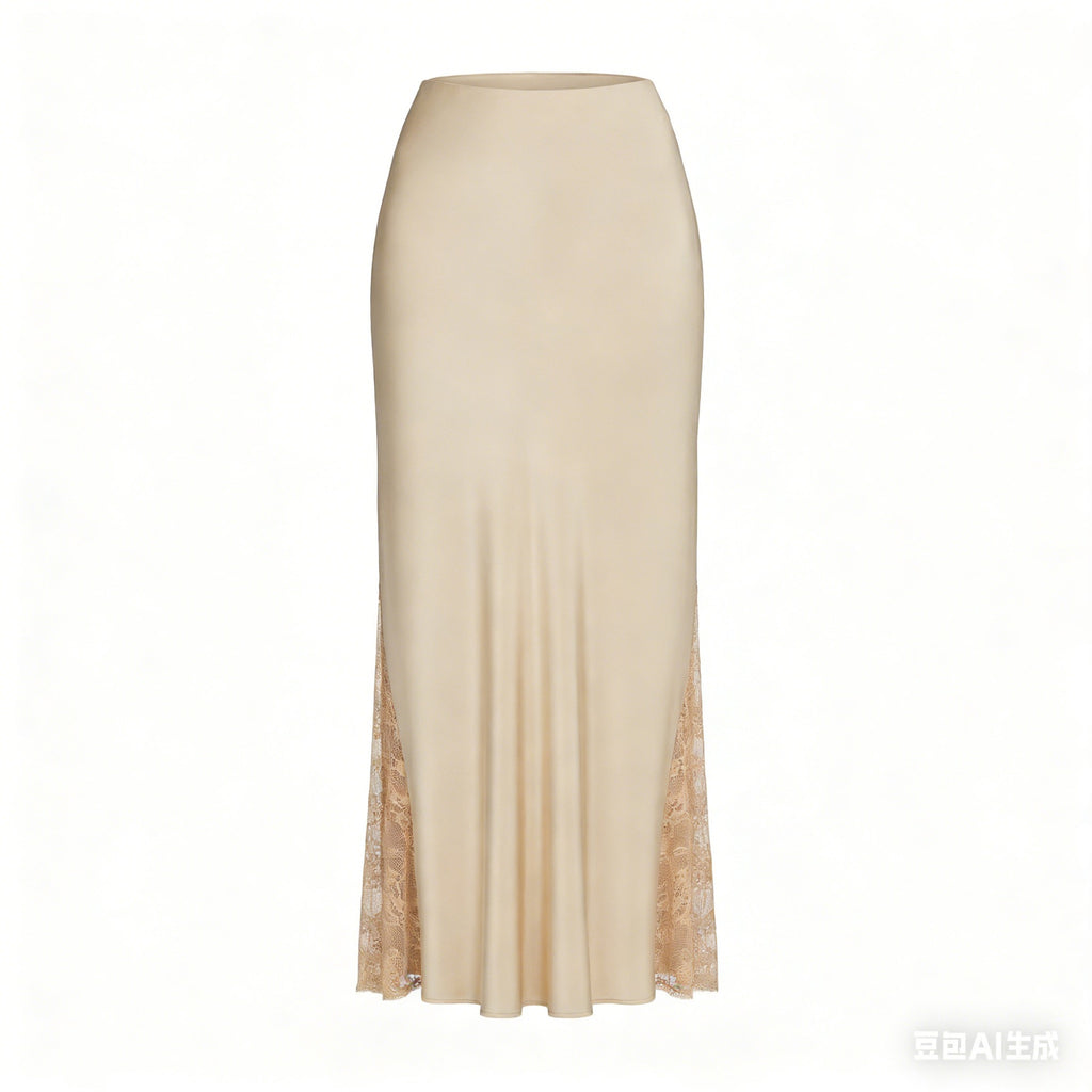 Satin Lace Panel Bias Maxi Skirt - Beige